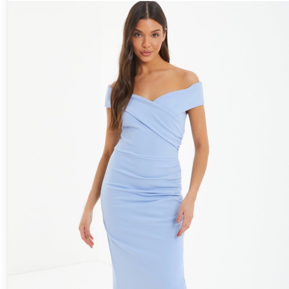 Macy's Light Blue Off-Shoulder Ruched Maxi Dress